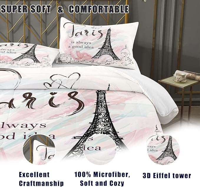 Bodhi Girls Comforter Bedding Set Queen,Pink Comforter Set for Girls,Paris Bedding Set,Girls Pink Bedding Set with Matching Pillowcase,Pink Girls Queen Size Bed Set,Eiffel Tower Bedding Set