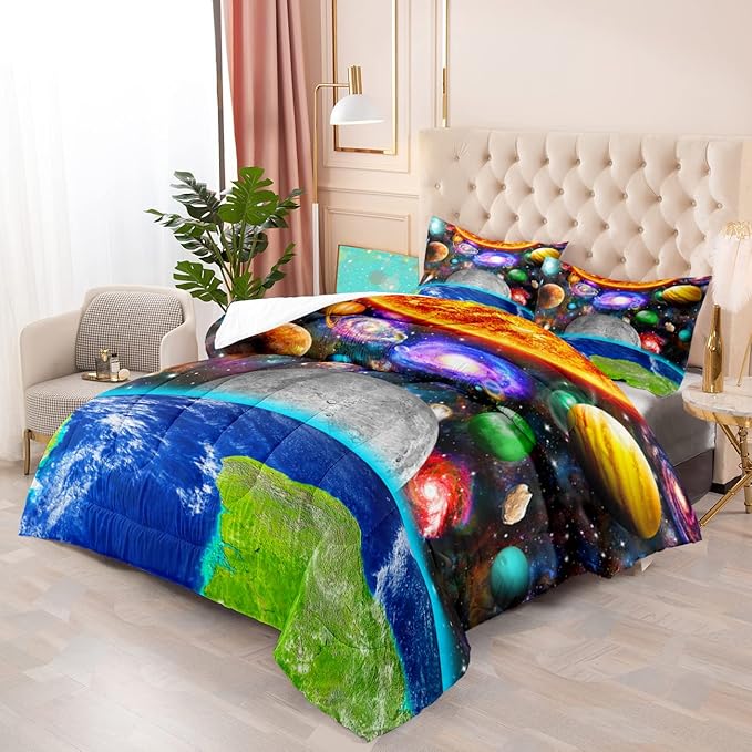 Space Comforter Set Queen Size Planet Universe Bedding Set Queen Solar System Galaxy Bed Comforter Sets Outer Space Home Decor for Boys Bedroom Earth Quilt Set with 1 Comforter 2 Pillowcases