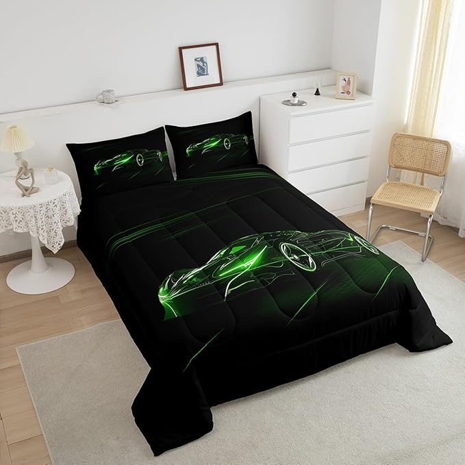 Feelyou Green Race Car Bedding Set Twin Size for Kids Boys Extreme Sport Games Comforter Set Teens Toddler Fast and Furious Duvet Set Cool Modern Quilt Set 2Pcs