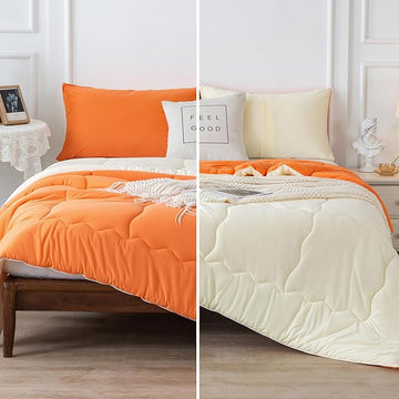 COTTEBED Reversible Softness Bright Orange and Beige King Size Comforter Set Clearance, Jersey Knit T-Shirt Feel California King Cozy Bedding Down Blanket Quilt & Pillowsham for Women Men All Season