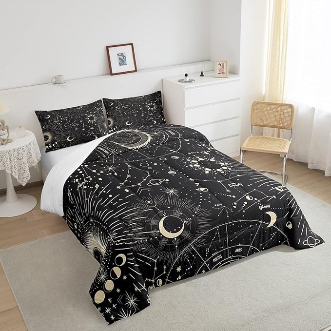 Feelyou Sun and Moon Comforter Set Boho Exotic Bedding Set Galaxy Astrology Comforter for Boys Girls Children Teens Bedroom Decor Chic Cute Luxury Zodiac Signs Duvet Set Twin Size Quilt Set