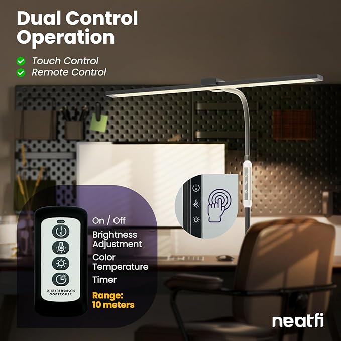 Neatfi Modern Desk Lamp with Clamp, Touch & Remote Controlled, 15W, Adjustable Color Temperature (3000K-6000K), Stepless Dimming, Flicker-Free, Wide-Angle Lighting for Home (Gooseneck, Black)