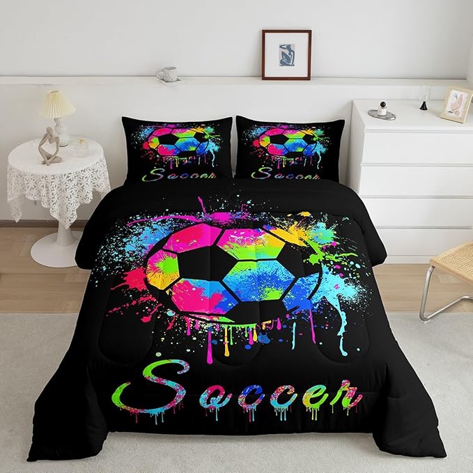 Feelyou Kids Soccer Ball Game Comforter Set King Size Football Bedding Set for Boys Girls Teens Bedroom Decor Rugby Sports Comforter American Football Player Duvet Set with 2 Pillow Case