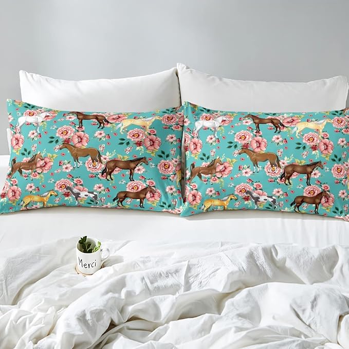Erosebridal Girls Horse Comforter Set Full Size Pink Flower Bedding Set for Kids Galloping Horse Down Comforter Bedroom Decor Farm Animal Horse Gifts Quilt Set for Women, Cowboy Cowgirls Quilt Set