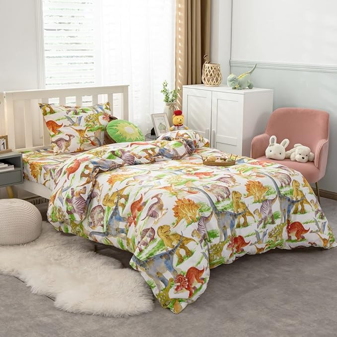 Feelyou Kids Dinosaur Comforter Set Twin Size Boys Girls Watercolor Cute Dino Bedding Set Ultra Soft Lightweight Jungle Animal Pattern Comforter for Children (1 Comforter + 1 Pillowcase, Twin)
