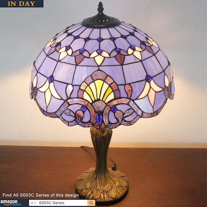 WERFACTORY Tiffany Lamp Blue Purple Stained Glass Baroque Table Lamp Lavender Style Bedside Desk Light Metal Base 16X16X24 Inches Decor Bedroom Living Room Home Office S003C Series (Blue Baraque)
