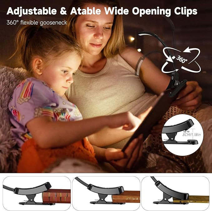 2 Pack Book Lights with Clamp, LLLPRT 10 LEDs Rechargeable USB Clip Reading Lamp with 3 Lighting Color, Stepless Dimming, Eye Friendly, 120 Hours Runtime, 360° Flexible Gooseneck, Lightweight,Portable