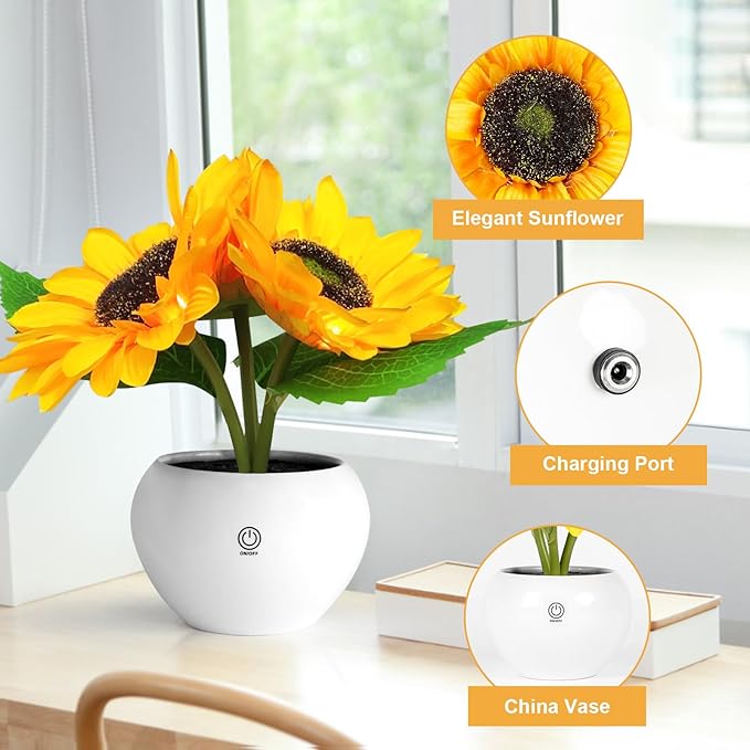 Rechargeable Sunflower Table Lamp - LED Artificial Flowers Desktop Lamp Night Light with Porcelain Vase, Cordless Touch Lamp for Bedroom Living Room Desk Decor, Birthday Gift for Her Girl Mom