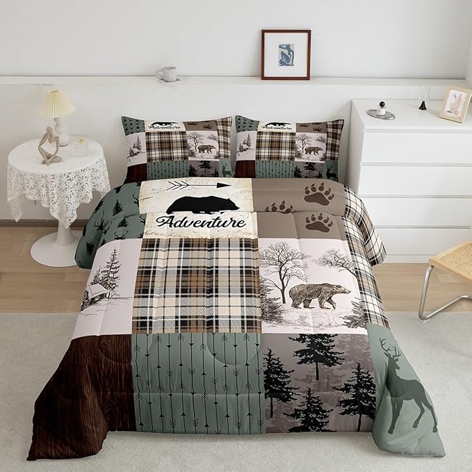 Rustic Farmhouse Kids Comforter Set Full Size,Deer Antlers Bear Paws Plaids Patchwork Bedding Set for Boys Girls Adults Room Decor,Pine Trees Arrows Down Comforter,Xmas Duvet Insert,2 Pillowcases