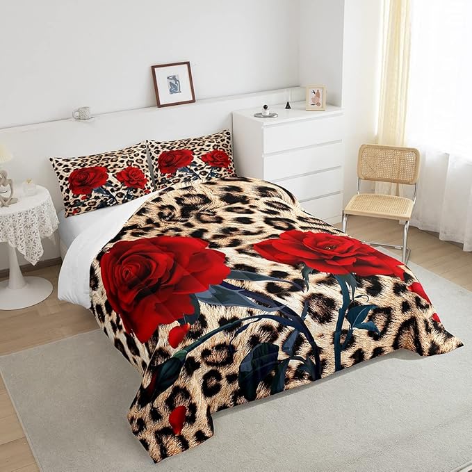 Rose Flower Comforter Set for Teens Adult Women Wedding Gift, Leopard Print Bedding Set Twin Size, Valentine's Day Cheetah Duvet Sets Leopard Animal Skin Down Comforter for Bedroom Decor, Brown