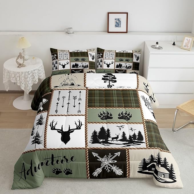 Rustic Farmhouse Kids Comforter Set Twin Size,Deer Antlers Bear Paws Plaids Patchwork Bedding Set for Boys Girls Adults Room Decor,Pine Trees Arrows Down Comforter,Retro Duvet Insert,1 Pillowcase