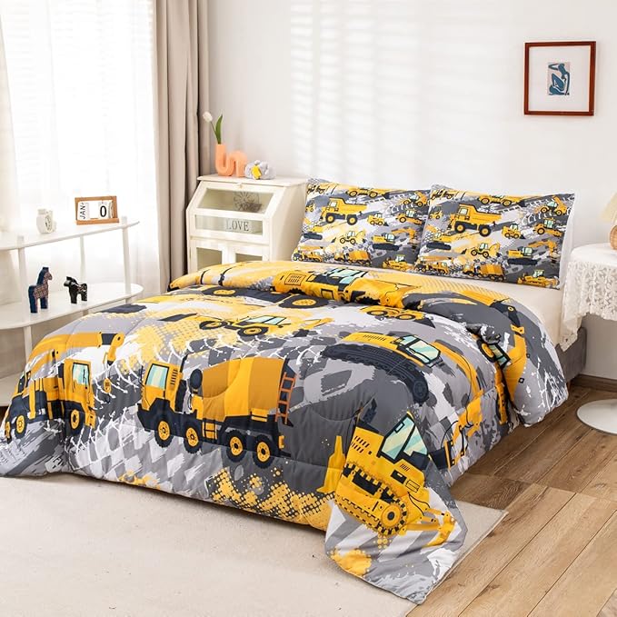 Feelyou Boys Construction Bedding Set Full Size Comforter for Boys Kids Tractor Comforter Set Toddler Construction Decorations Car Bed for Boys Cartoon Excavator Trucks Quilt Set with 2 Pillow Cases