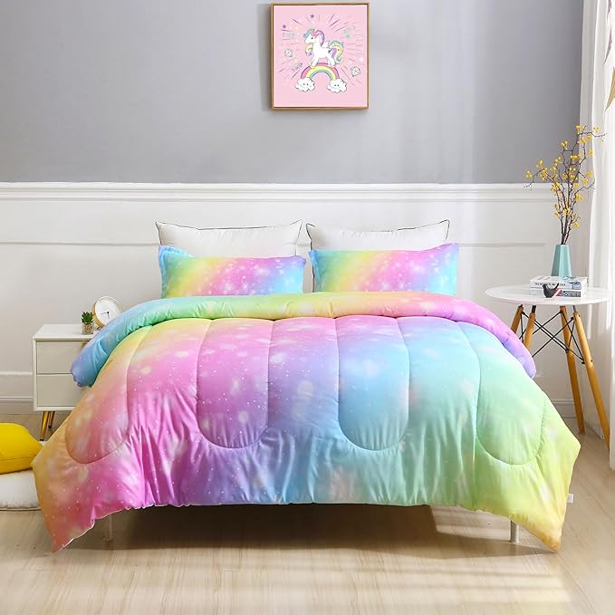 Girls Unicorn Bedding Set 3 Piece Rainbow Comforter Set for Teen Girls Adults with Sparkle Stars Soft Bedding Sets Machine Washable, Multi, Twin