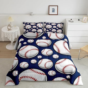 Baseball Bedding Set Sports Theme Comforter Set for Kids Boys Girls Teens 3D Blue Ball Pattern Comforter Breathable Baseball Games Duvet Set Room Decor Quilt Set Queen Size