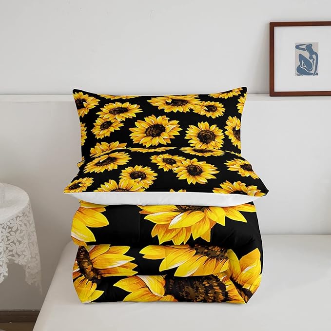 Black Sunflowers Comforter Set Yellow 3D Floral Flowers Comforter Yellow Sunflower Printed Black Reversible Down Comforter Boys Girls Botanical Bedding Sets with 2 Pillowcases (Full, Black Sunflower)