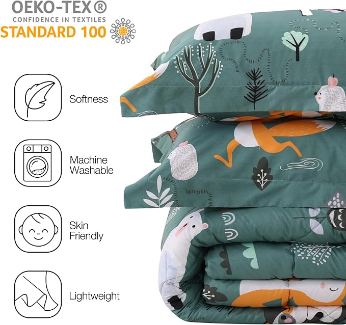 JSD Green Animal Forest Kids Comforter Set, 3 Pieces Full Microfiber Comforter with Pillow Shams, Soft Comfortable Machine Washable