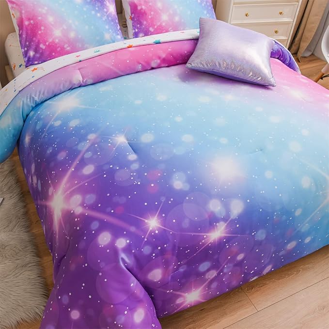 A Nice Night 6Pcs Gradient Glitter Bedding Set for Girls Full Size, Colorful Rainbow Galaxy Comforter Set, Ultra Soft Bedding Sets, Purple