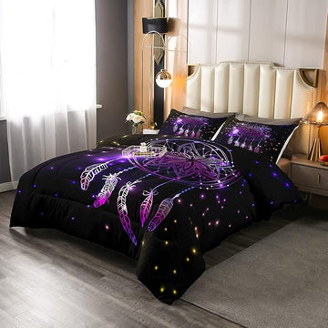 Erosebridal Dream Catcher Feather Comforter Set, Bohemian Mandala Down Comforter Queen Size for Kids Girls Boys, Starry Sky Galaxy Bedding Set Boho Tie Dye Exotic Flower Quilted Duvet, Purple