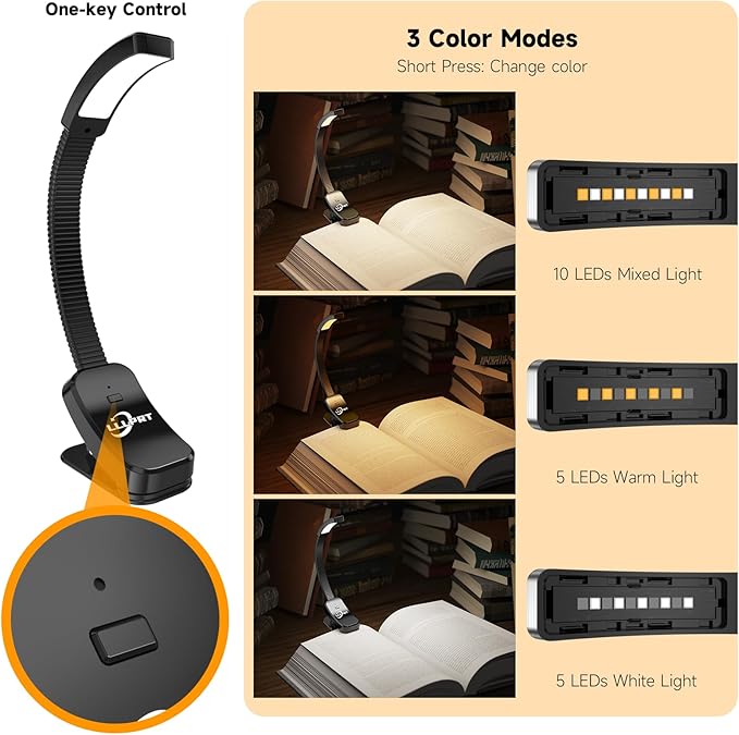 2 Pack Book Lights with Clamp, LLLPRT 10 LEDs Rechargeable USB Clip Reading Lamp with 3 Lighting Color, Stepless Dimming, Eye Friendly, 120 Hours Runtime, 360° Flexible Gooseneck, Lightweight,Portable