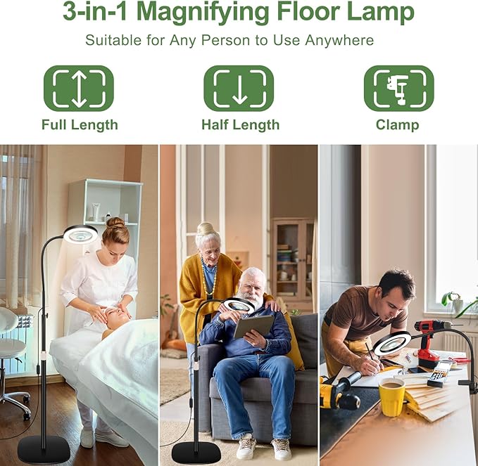 10X&5X Magnifying Glass with Light, 3-in-1 Magnifying Floor Lamp, Flexible Goose Neck, 3 Color Modes 10 Levels Dimmable LED Lighted Magnifier Lamp for Home Office Close Wrok Reading Hands Free