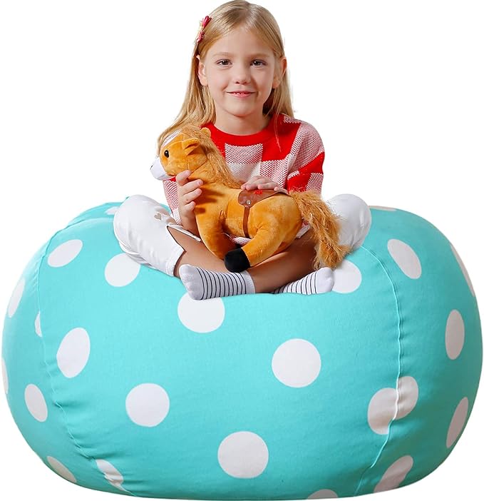 Aubliss Stuffed Animal Bean Bag Storage Chair, Beanbag Covers Only for Organizing Plush Toys, Turns into Bean Bag Seat for Kids When Filled, Large 38"-Canvas Dot Light aqua