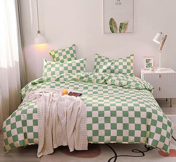 Green White Grid Comforter Set Full Sage Green Plaid Bedding Set Girls Light Green White Checkered Bed Comforter Set Breathable Blanket Set Kids Durable Bedding Comforter Set