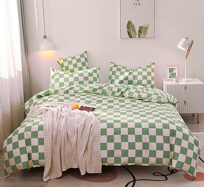 Green White Grid Comforter Set Full Sage Green Plaid Bedding Set Girls Light Green White Checkered Bed Comforter Set Breathable Blanket Set Kids Durable Bedding Comforter Set
