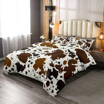 Cow Print Comforter Set Full Size Cowhide Bedding Set for Boys Girls Man Women Bedroom Decor Brown Bull Cattle Skin Down Comforter Wildlife Fur Hair Farmhouse Animal Skin Duvet Set