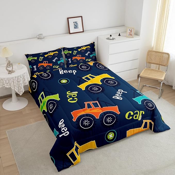 Feelyou Cartoon Car Bedding Set Construction Kids Comforter Set Boys Equipment Trucks Decor Comforter Cartoon Car Excavator Tractor Duvet Set Quilt King Boys