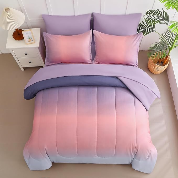 Dinjoy Girls Comforter Set Twin Size Colorful Rainbow Ombre Pink Purple Light Blue Bedding Set Gradient 6 Pieces Bed in A Bag for Kids Teen Women(1 Comforter, 1 Flat Sheet, 1 Fitted Sheet)