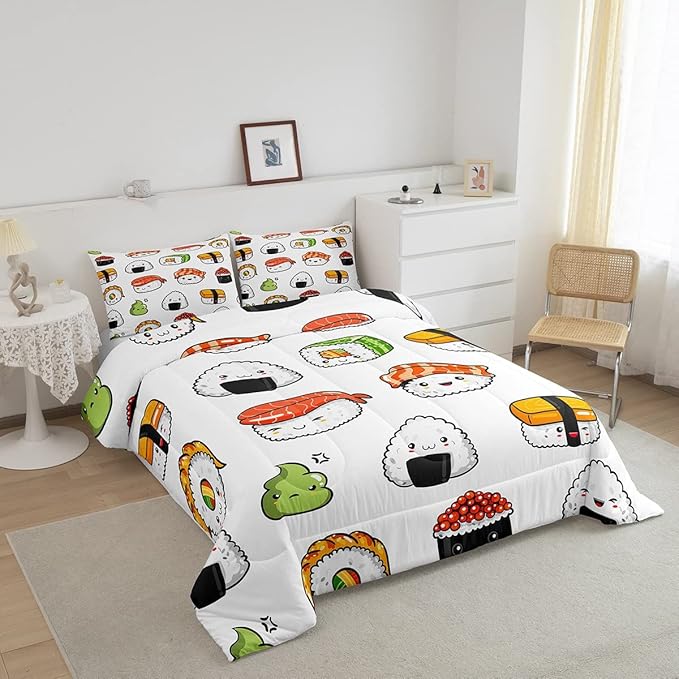 Sushi Pattern Comforter Set Japanese-Style Bedding Set for Kids Boys Girls Teens Food Theme Comforter Cute Cartoon Japanese Sushi Duvet Set Room Decor Quilt Set Twin Size Microfiber