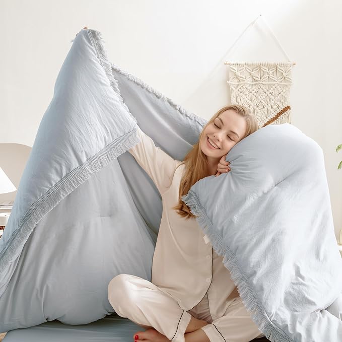 Andency Light Grey Comforter Set Full Size, 3 Pieces Boho Tassel Lightweight Bedding Comforter Sets, All Season Soft Fluffy Fringe Bed Set (79x90In Comforter & 2 Pillowcases)