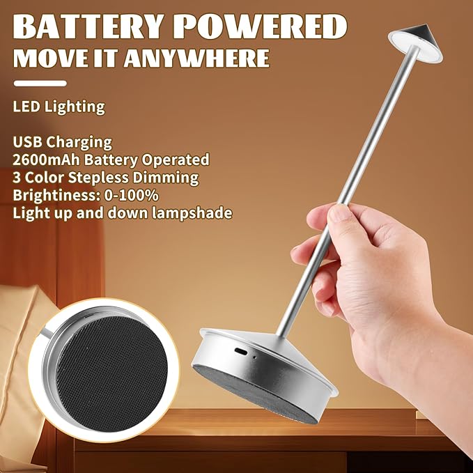 Rechargeable Battery Operated Desk Lamp with Touch Sensor Cordless Portable LED Table Lamp， Three-Level Dimmable Suitable for Bars/Cafes/Restaurants/Bedrooms/Camping Sites (Silver)