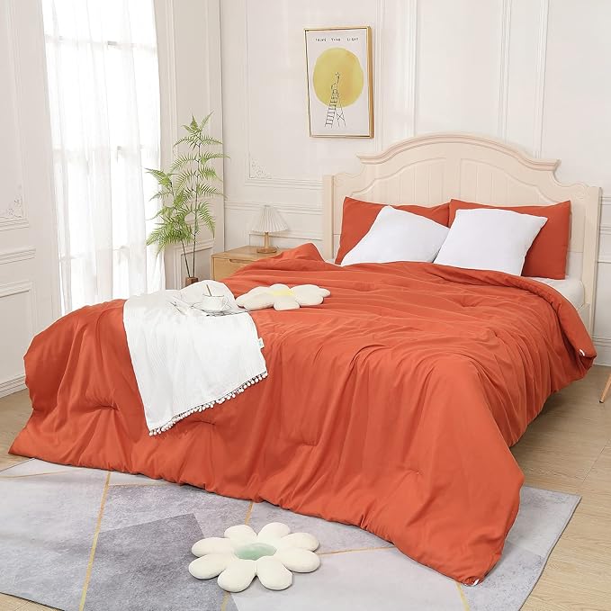 Terracotta Comforter Twin Size, Aesthetic Modern Burnt Orange Bedding Set for Girls/Women, Cute Soft & Lightweight Chic Microfiber Bed Sets, 2pc- 1 Comforter & 1 Pillowcase (66x90 Inches)