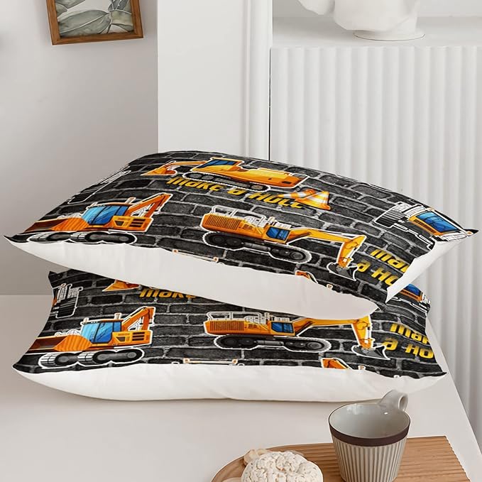 Axolotl Excavator Bedding Set Full Size,Yellow Excavator Bed Comforter for Kids Boys Teens,Tractor Truck Bedding Set for Boys,Construction Bedding Set for Boys,1 Quilt 2 Pillowcases,Deep Grey
