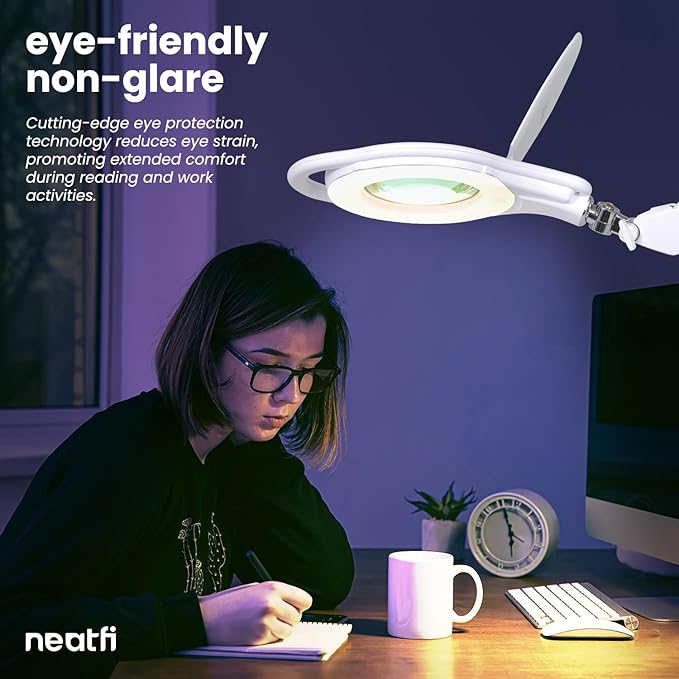 Neatfi Elite LED Magnifying Lamp with Clamp, 8 Diopter, 3000K-6500K Color Temperature, 96 pcs SMD LED, Nonpolar Dimming, Eye-Friendly, Glare-Free, Adjustable Arm Magnifier (5 Inch Lens, White)