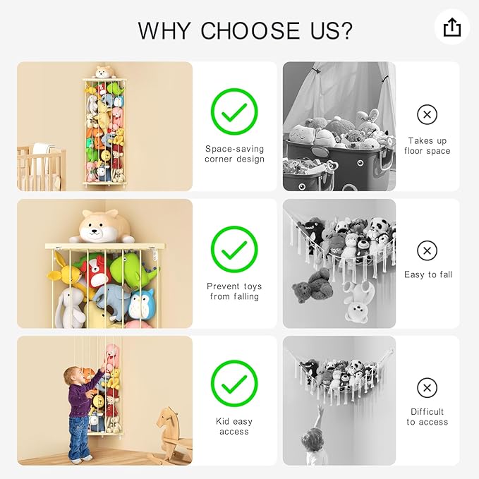 Stuffed Animal Storage Toy Organizer: Corner Stuff Animals Holder for Wall with LED Light - Kids Plush Toys Storage with Adjustable Length for Nursery Playroom Bedroom Kids Room(Beige)