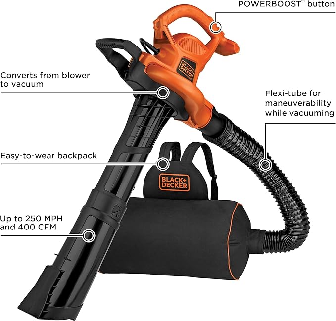 BLACK+DECKER Electric Leaf Blower, Leaf Vacuum and Mulcher 3 in 1, 250 mph Airflow, 400 cfm Delivery Power, Reusable Bag Included, Corded (BEBL7000)
