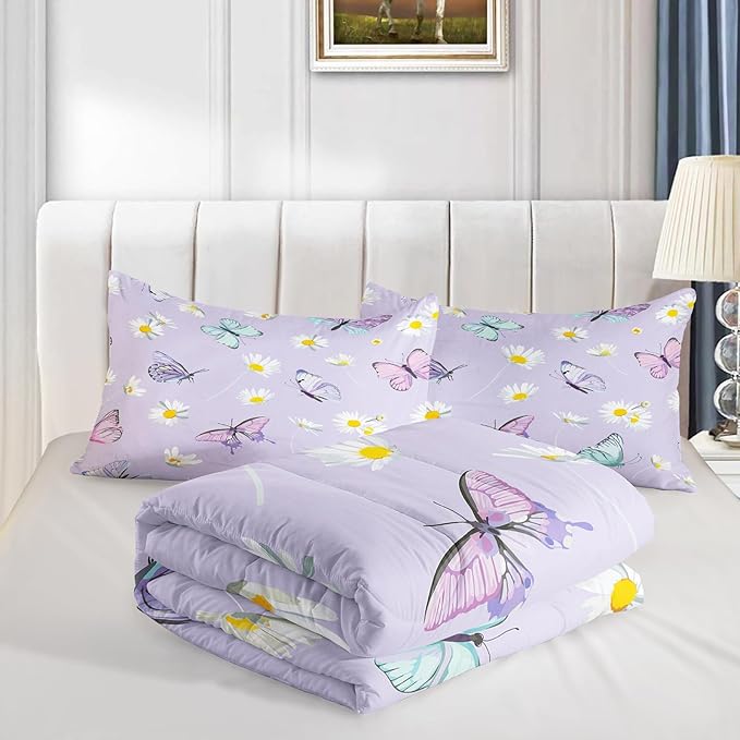 Butterfly Comforter Set for Kids Teens Girls Women,Daisy Kids Comforter,1 Comforter with 2 Pillowcase, Microfiber 3 Piece Bedding Set,for All Seasons(Purple，King Size)