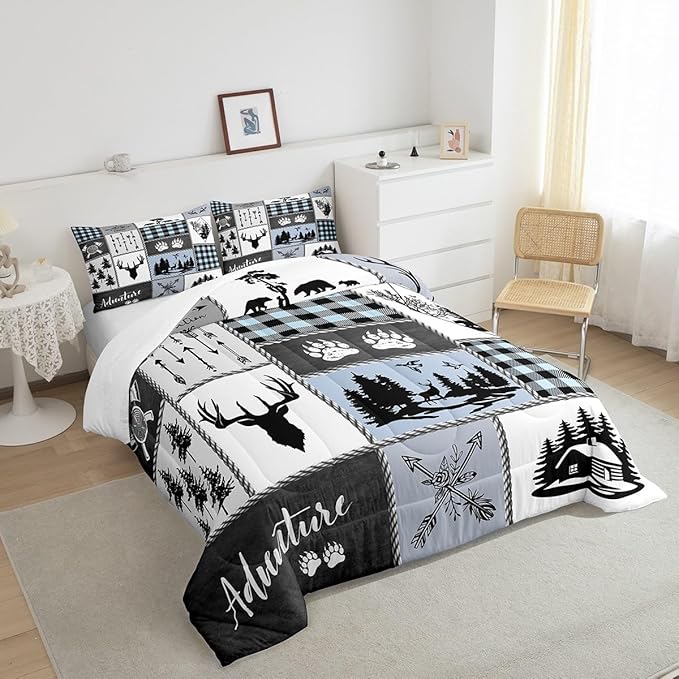 Deer Bear Kids Comforter Set Queen Size,Hunting Adventure Rustic Farmhouse Bedding Set for Boys Girls Adults Room Decor,Geometric Plaid Patchwork Down Comforter,Blue Xmas Duvet Insert,2 Pillowcases