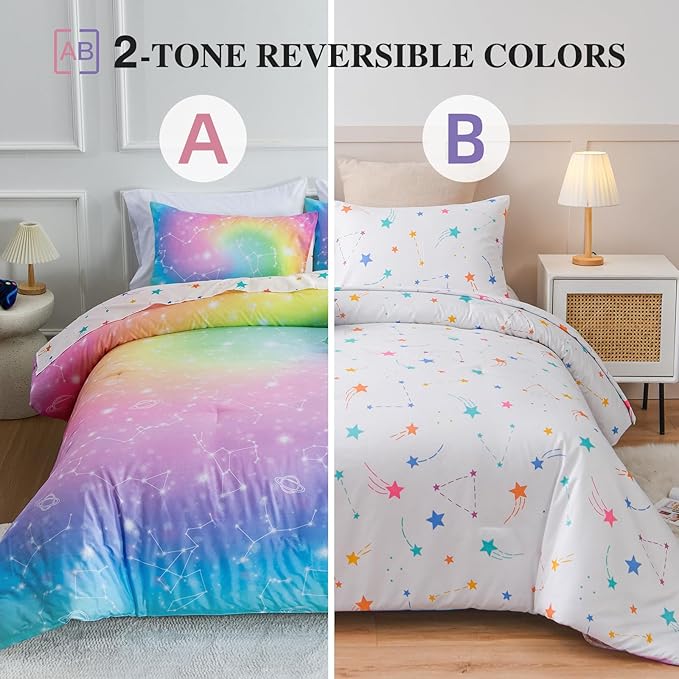 Btargot 6 Piece Tie Dye Constellation Comforter Set Bed in A Bag, Galaxy Rainbow Stars Pattern Bedding Set for Boys Girls Teen, Queen Multi
