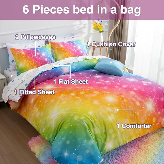 A Nice Night 6Pcs Gradient Glitter Bedding Set for Girls, Colorful Rainbow Galaxy Comforter Set, Ultra Soft Bedding Sets (Multi,Full 6Pcs)