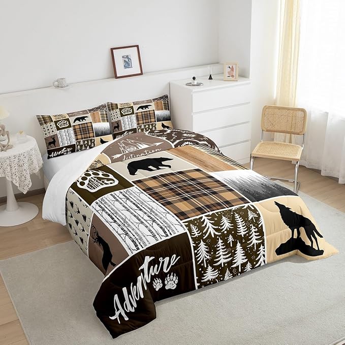 Rustic Farmhouse Kids Comforter Set Queen Size,Deer Antlers Bear Paws Plaids Patchwork Bedding Set for Boys Girls Adults Room Decor,Pine Trees Xmas Down Comforter,Brown Duvet Insert,2 Pillowcases