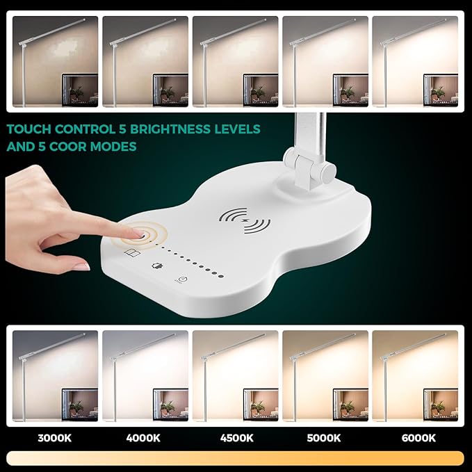 LED Desk Lamp, Dimmable Table Lamp for Reading,Lamp with USB Charging Port, 5 Lighting Modes, Sensitive Control, 45 Minutes Auto-Off Timer, Eye-Caring Lamp (White)