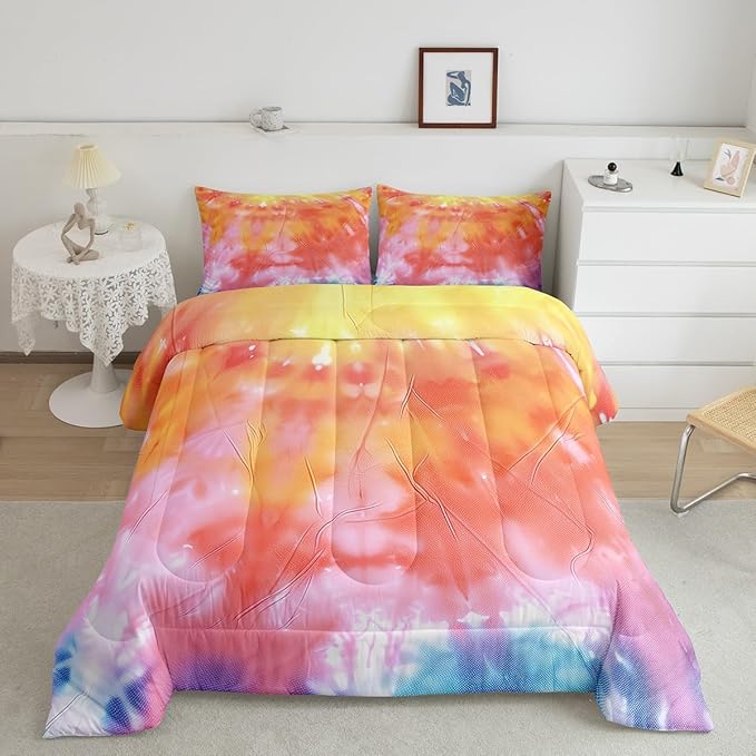 Boho Comforter Set Spiral Tye Dye Pattern 3pc Down Comforter Queen Size Rainbow Bedding Sets with 2 Pillowcases Soft Comfortable Machine Washable,Trippy Psychedelic Gypsy Duvet Quilt Set for Teen Girl