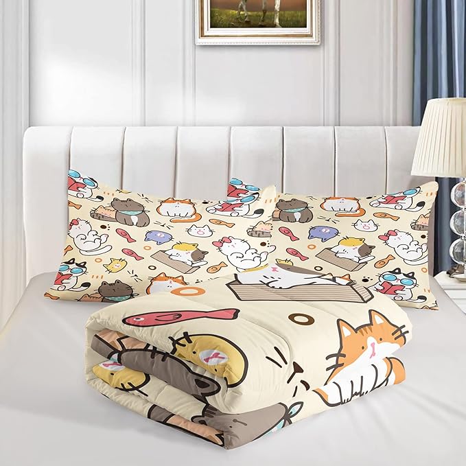 Kawaii Cat Comforter Queen,Kawaii Animals Comforter Set for Kids Teens Girls,3Pcs Bedding Set Printed Comforter with 2 Pillowcases,Down Alternative,Soft and Lightweight，Queen Size