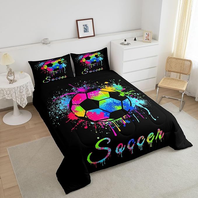 Feelyou Kids Soccer Ball Game Comforter Set King Size Football Bedding Set for Boys Girls Teens Bedroom Decor Rugby Sports Comforter American Football Player Duvet Set with 2 Pillow Case
