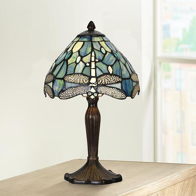 Tiffany Lamp Sea Blue Stained Glass Dragonfly Style Desk Reading Light for Small Space Bedside Bedroom Home Office