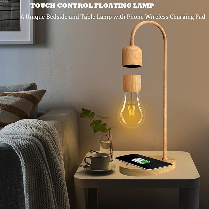 Magnetic Levitating Lamp with Wireless Phone Charging Pad Floating Light Bulb LED Night Light Wood Grain Table Lamp Levitation Desk Lamp for Office Home Decoration Christmas Gift