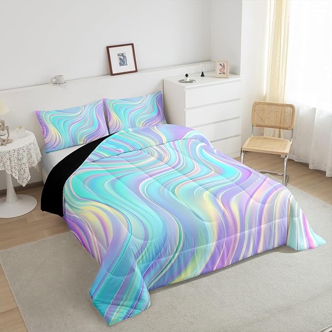 Pastel Rainbow Comforter Set with Pillowcases Abstract Wave Stripes 3D Printed Designs 3 Piece Bedroom Duvet Set Psychedelic Girl Bed Down Comforter for Kids Women Dorm Room (Full,Coulourful Marble)